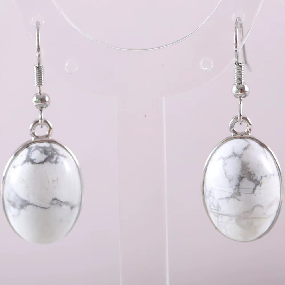 Natural Stone White Opal Howlite Dangle Earrings for Women Gem Blue Lapis Cabochon CAB Oval Beads Drop Earrings