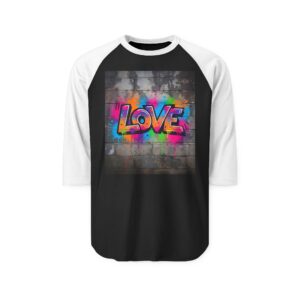 Colorful Love Graffiti Unisex Raglan Tee – Streetwear Graphic Baseball Shirt, Three-Quarter Sleeve Casual Top, Retro Urban Art Shirt for Men & Women