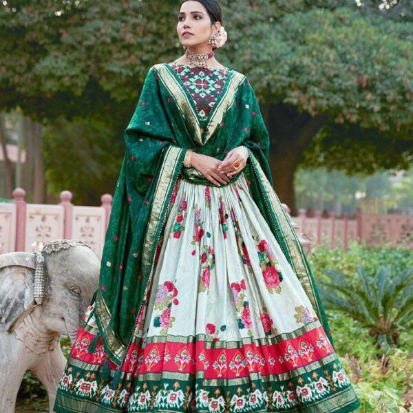 [Lehenga Color] Tussar Silk Lehenga Choli with [Blouse Color] Blouse | Patola Print & Foil Work | Wedding & Festive Wear